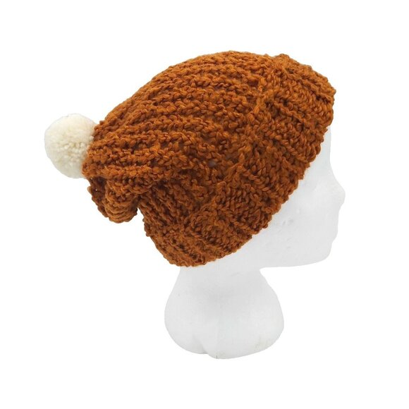 Chunky Beanie Slouch Hat Toque Cream Pompom M-L Burnt Orange Handmade Loom Knit - Picture 1 of 16